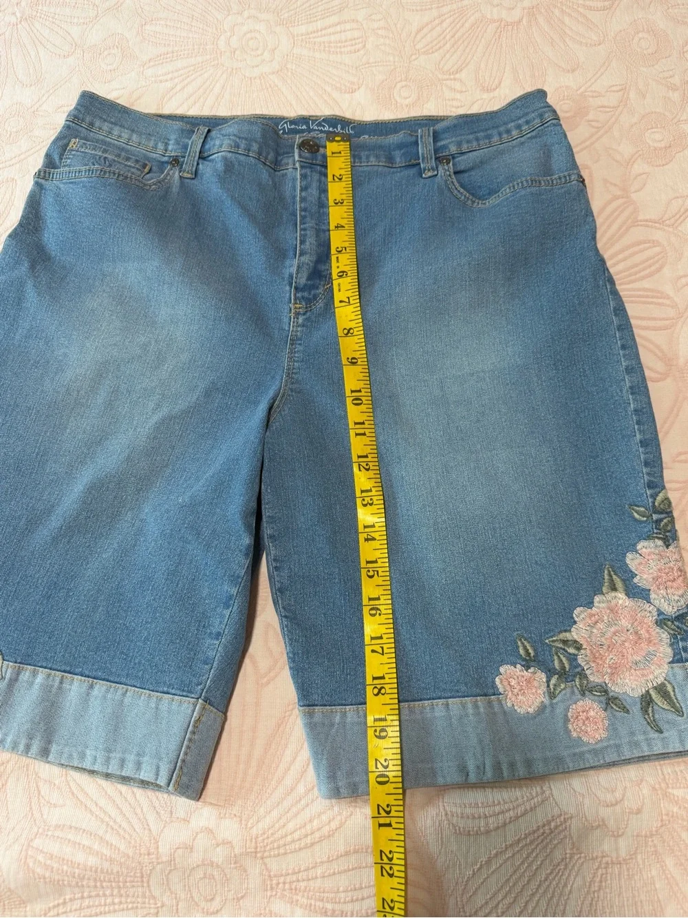 Gloria Vanderbilt Blue Denim Bermuda Shorts with Pink Floral Embroidery